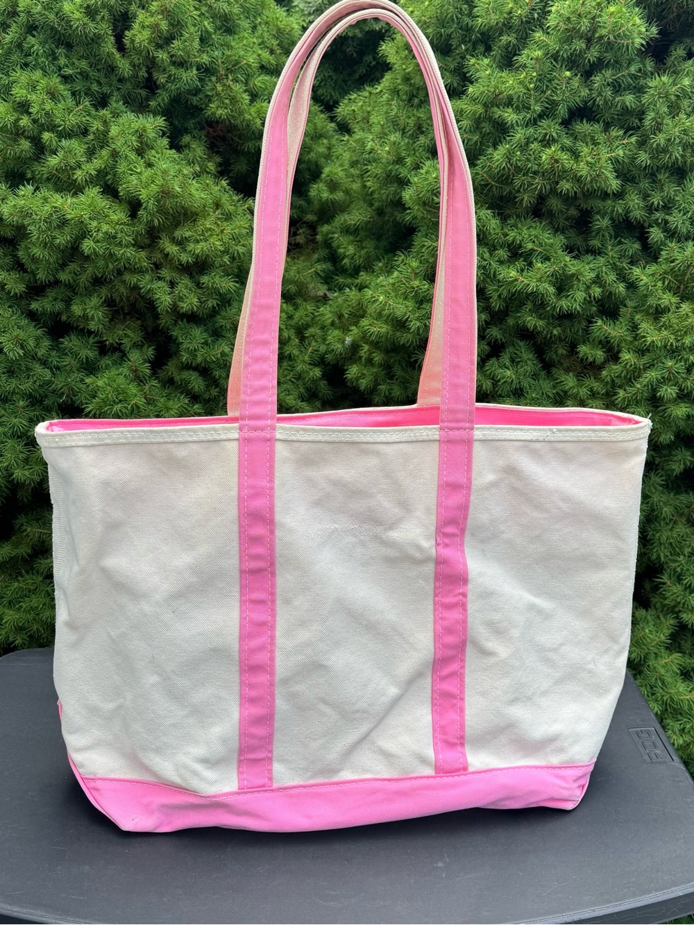 L.L. Bean Vintage Zip Top Boat and Tote Made in USA, Off White with Pink Accents